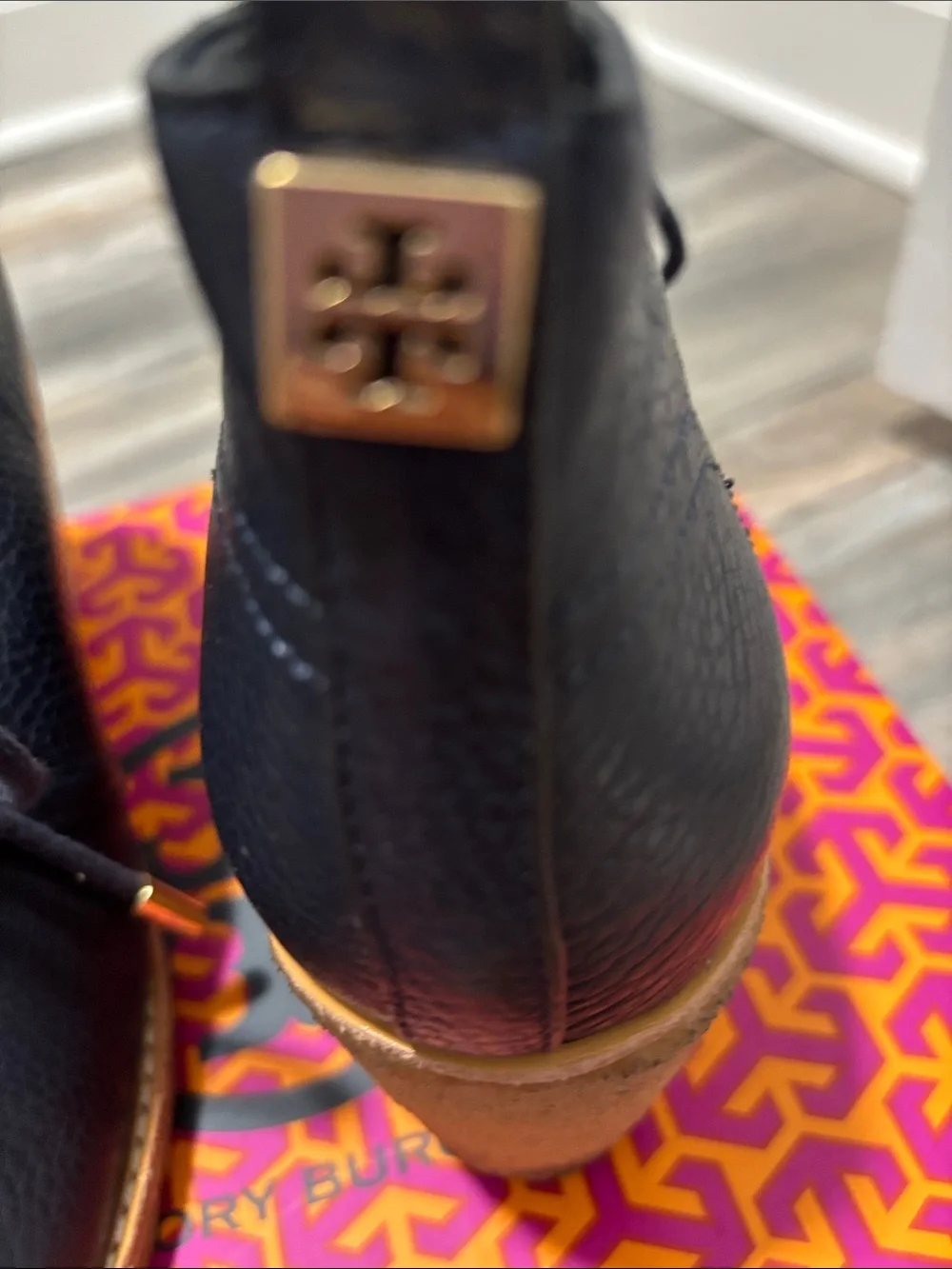 Tory Burch Black Leather Lace-Up Ankle Boots with Tan Sole